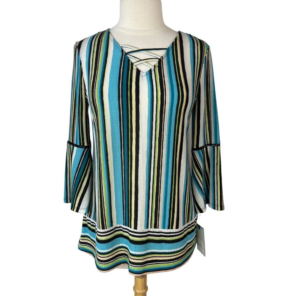 Dana Buchman Tunic Blouse Womens MP Medium‎ Petite Blue Black New Bell Sleeves